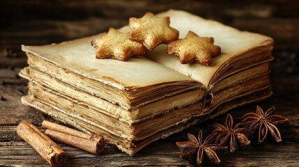 Fototapeta premium Old book with stars, spice on rustic wood surface