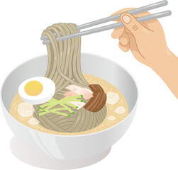 Illustration of eating Korean cold noodles with chopsticks in summer