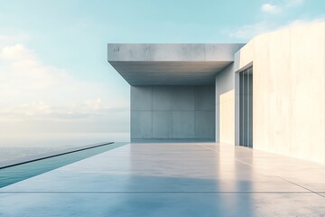 3d render of abstract modern architecture with empty cement floor, minimal exterior, car presentation background