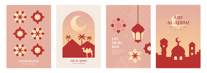 Set of Eid al-Adha greeting cards featuring traditional Islamic motifs such as lanterns, crescents, stars, camel and mosques. Warm, elegant designs in red and beige tones.