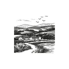 Fototapeta premium Rural landscape scenery engraving design vector template illustration