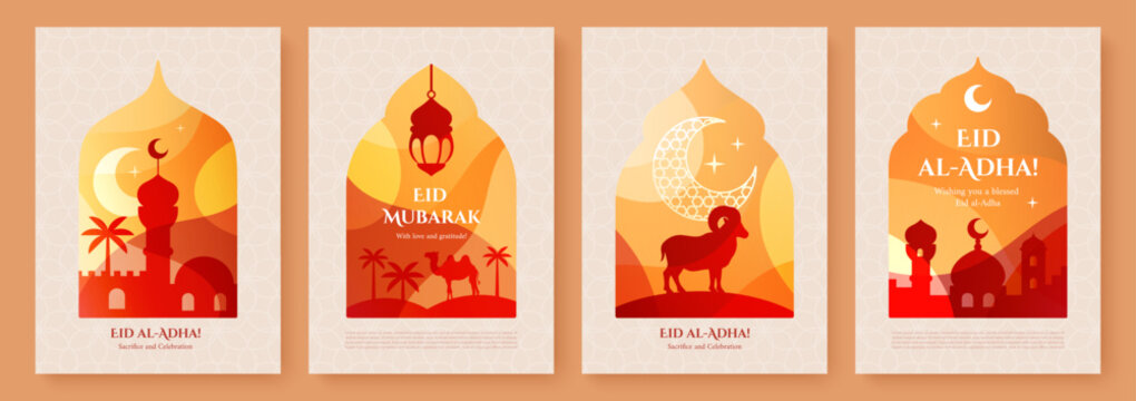 Set of Eid al-Adha greeting cards with mosques, lanterns, crescent moons, stars, camels and ram. Festive Islamic holiday designs in warm orange, red, yellow and beige tones.