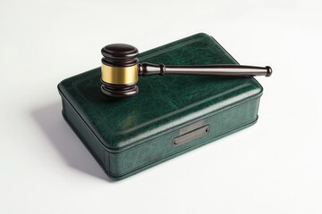 A judge's gavel rests on a dark green leather case, symbolizing justice and law.