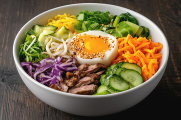 Overhead capture of a warm bowl of korean bibimbap featuring a fried egg and colorful vegetables for a flavorful meal