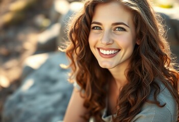 Obraz premium Photorealistic portrait of a laughing young woman in sunlight