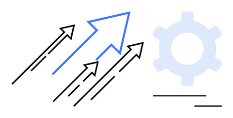 Upward arrows indicating progress and growth alongside a faint gear symbol, signifying productivity. Ideal for success, innovation, progress, development, teamwork, strategy efficiency. Flat simple