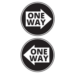 One way black round signs with an arrow isolated on a white background