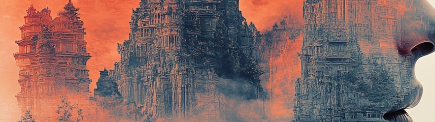 Eternal Watcher: The Breathtaking Face of Stone Cradled by Flames and Mist