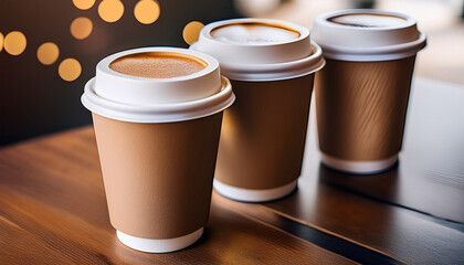 paper cups on the table with cups of coffee coffee with milk cappuccino coffee table takeaway coffee