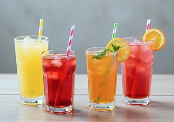Colorful beverages in glasses with ice and fruit garnishes on a simple wooden table