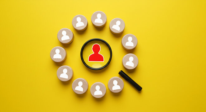 Red user icon with magnifying glass surrounded by people icons representing candidate search hiring