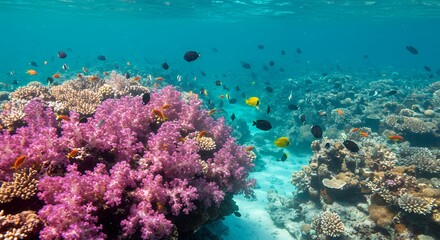 Fototapeta premium Exploring Underwater Coral Reef with Vibrant Fish Swimming in Turquoise Water
