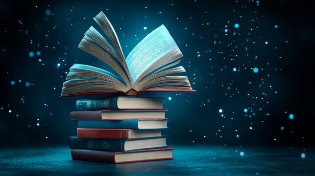 Enchanted books floating in a mystical blue ambiance
