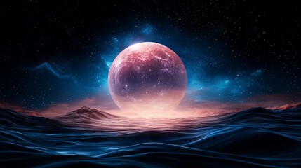 Fototapeta premium Surreal cosmic landscape with a glowing moon over ocean waves