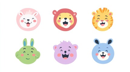 Cute animal faces cartoon illustration for kids. Happy and colorful design