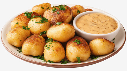 Top-down view of a delicious plate of gnocchi with gorgonzola cheese served with a flavorful dipping sauce on the side