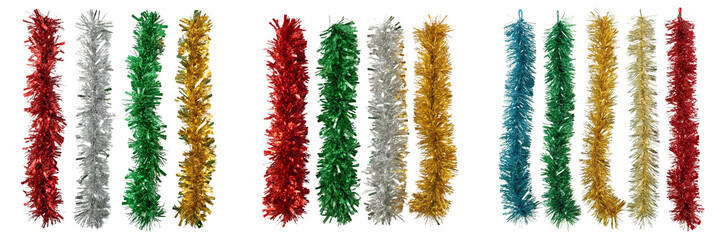  Set of different color decorative tinsel isolated on a transparent background