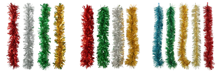  Set of different color decorative tinsel isolated on a transparent background