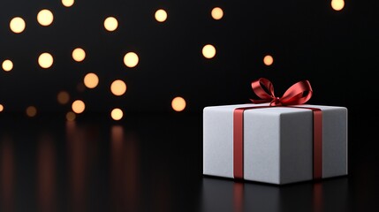 Elegant white gift box with red ribbon on black background
