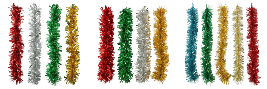  Set of different color decorative tinsel isolated on a transparent background