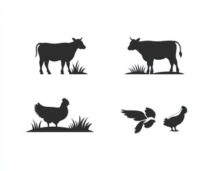 Fototapeta premium Four farm animals stand on grass, for icons, symbols