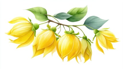 A branch of Ylang-Ylang flowers with lush green leaves, delicate botanical watercolor, white background.