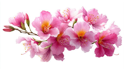 Pink trumpet tree flowers in full bloom, delicate petals and watercolor style, vivid colors on white background.