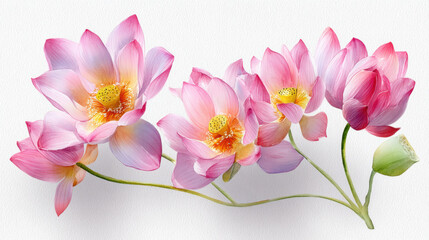 Naklejka premium Watercolor of blooming pink sacred lotus flowers with lush petals and green stems on a white background.