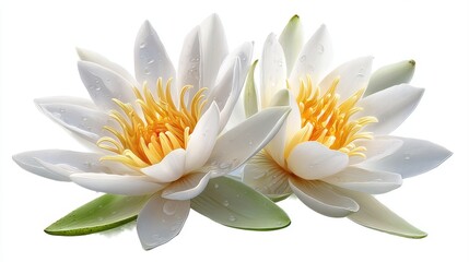 watercolor of two white water lilies with yellow centers and fresh droplets on green leaves, white background.