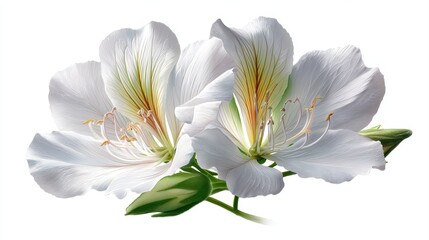 Fototapeta premium Watercolor of two white Bauhinia flowers with green and yellow details, isolated on white background.
