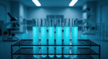 Laboratory Test Tubes with Teal Liquid in a Modern Science Lab Setting
