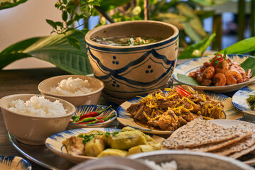 Traditional Vietnamese Food in wooden table with Green background
