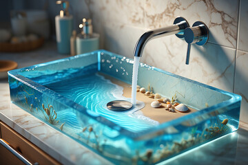 Creative bathroom sink design that resembles a beach with sand, shells and ocean waves.