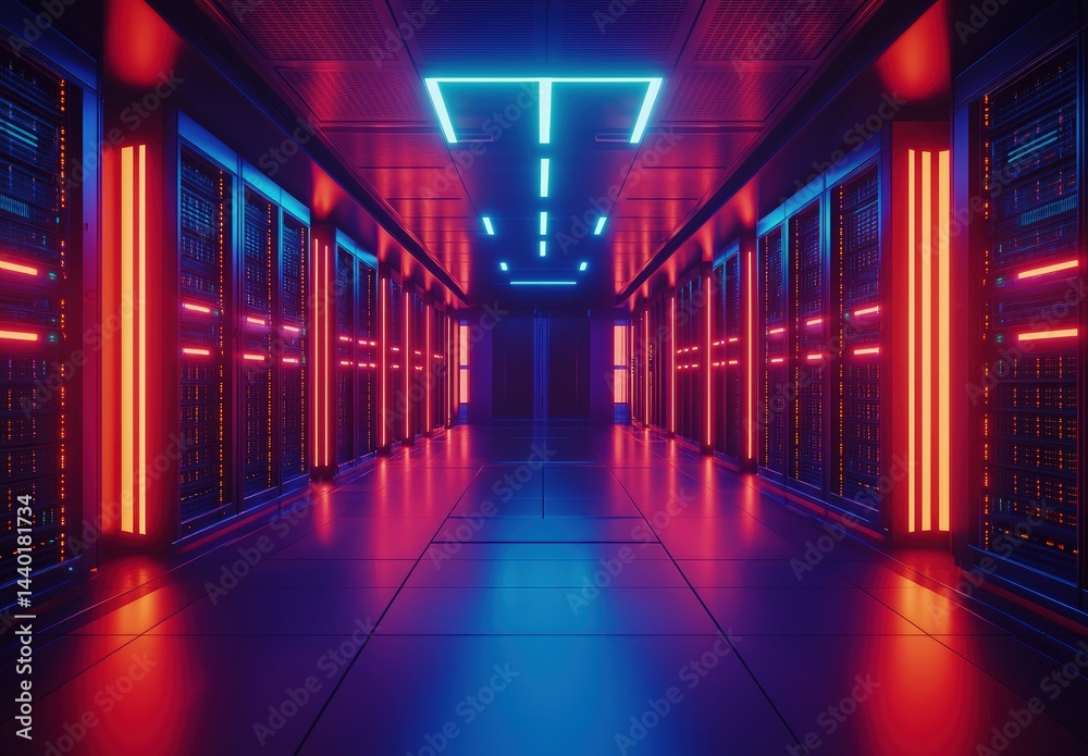 Poster futuristic server room illuminated by vibrant red and blue neon lights, ideal for cloud computing pr