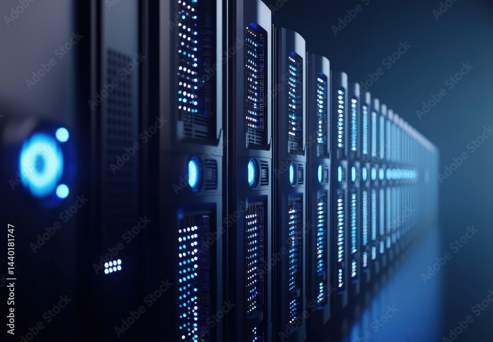 Poster long futuristic corridor of blue-lit servers extending into distance, ideal for cloud computing visu