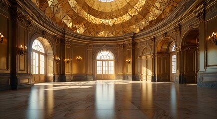 Obraz premium Grand Empty Golden Domed Hall with Sunlight and Marble Floor