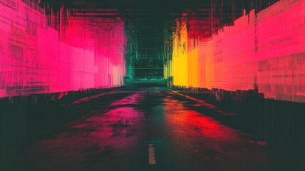 Distorted capture of an empty street transitioning into a digital void with glitch effects