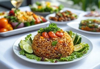 Colorful Plate of Fried Rice Garnished with Vegetables and Lime Slices Surrounded by Various Culinary Dishes on a Bright Table Setting
