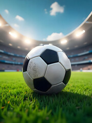 Naklejka premium A soccer ball is positioned on the field inside a grand stadium, awaiting the start of the match under a bright sky.