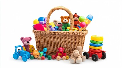 Obraz premium Diverse Children's Toys and Wicker Basket Collection for Playtime Fun