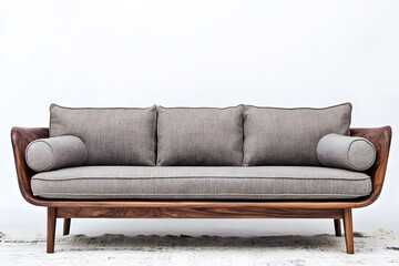 Modern Sofa Design: Walnut Wood & Gray Fabric