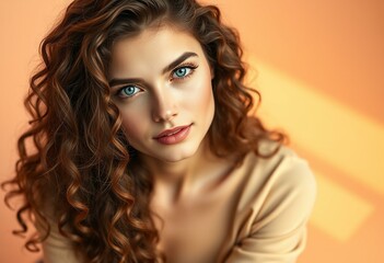Naklejka premium Photorealistic portrait of a young woman on warm pastel background