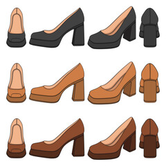 Set of color illustrations with women shoes on thick heels. Isolated vector objects on white background.