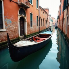 Worn Venetian canal boat, weathered wood, faded paint , reflection, gondola, tourism