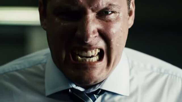A man in a dress shirt shows intense frustration, pulling at his tie in an office environment. The atmosphere is charged as he expresses strong emotions during a critical situation.