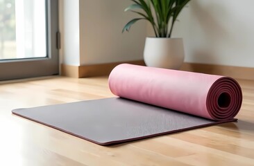 Fototapeta premium Sporting a yoga mat in a light room. An environment of peace and happiness. Harmony in sports.