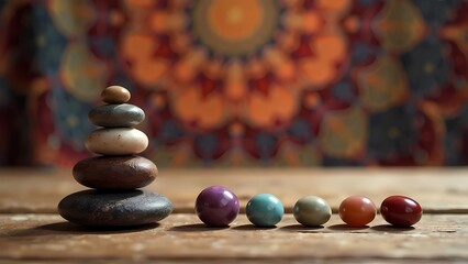 Chakra stones and mandala tapestry in background, international yoga day