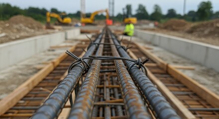 Naklejka premium Reinforcement Steel Bars Construction Site: Close-up View of Rebar Tied Together for Foundation