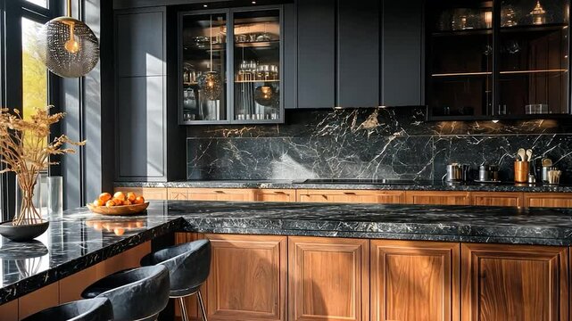 Modern kitchen with dark cabinets, black granite countertops, and wooden accents.