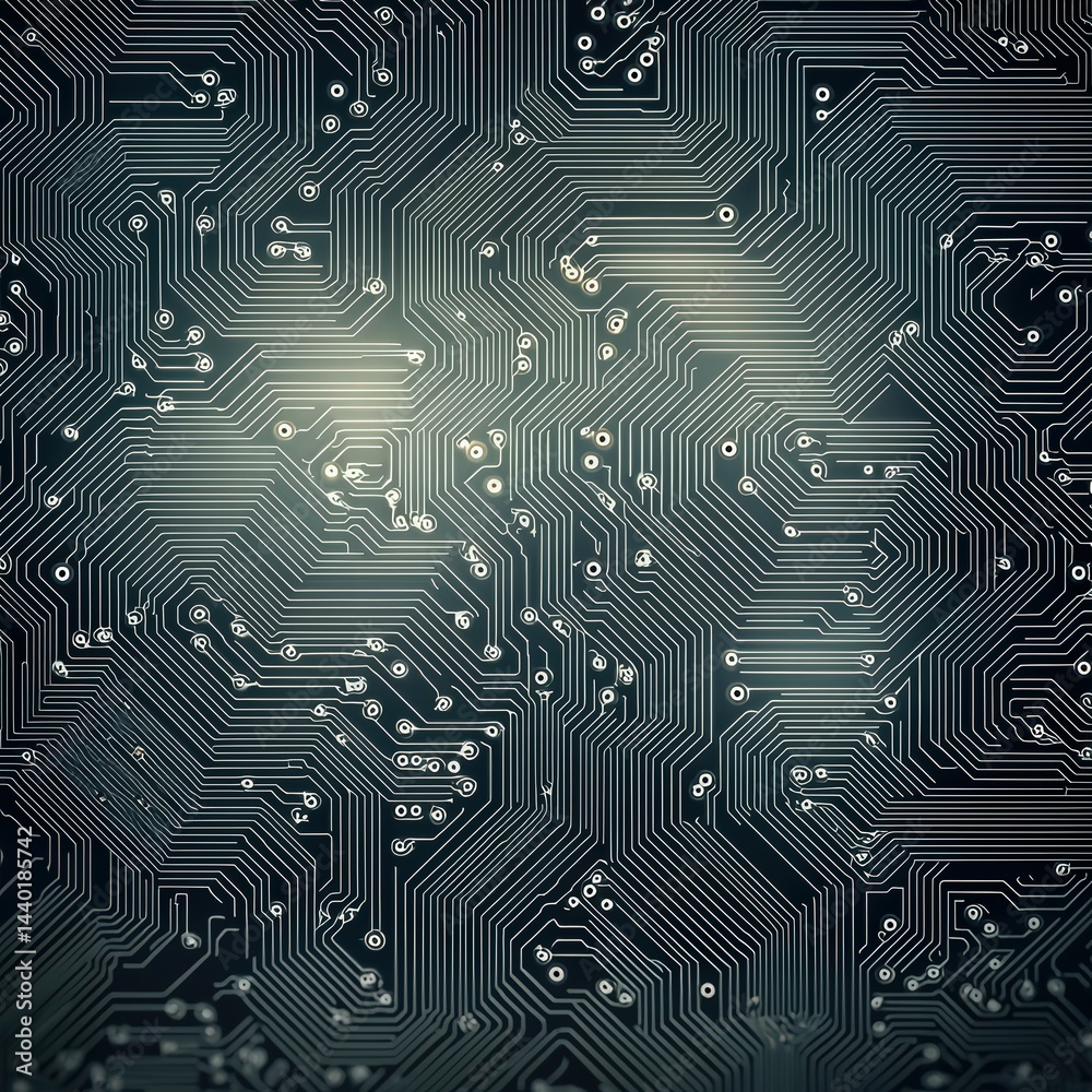 Poster artistic circuit board displaying a unique pattern of connections and components in a technological 